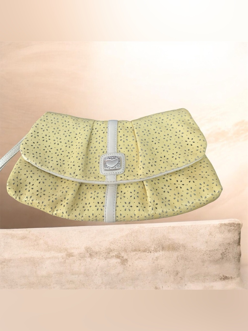 Brighton Patent Leather Minaudière Yellow Laser-Cut Clutch Handbag White Trim - Picture 2 of 8